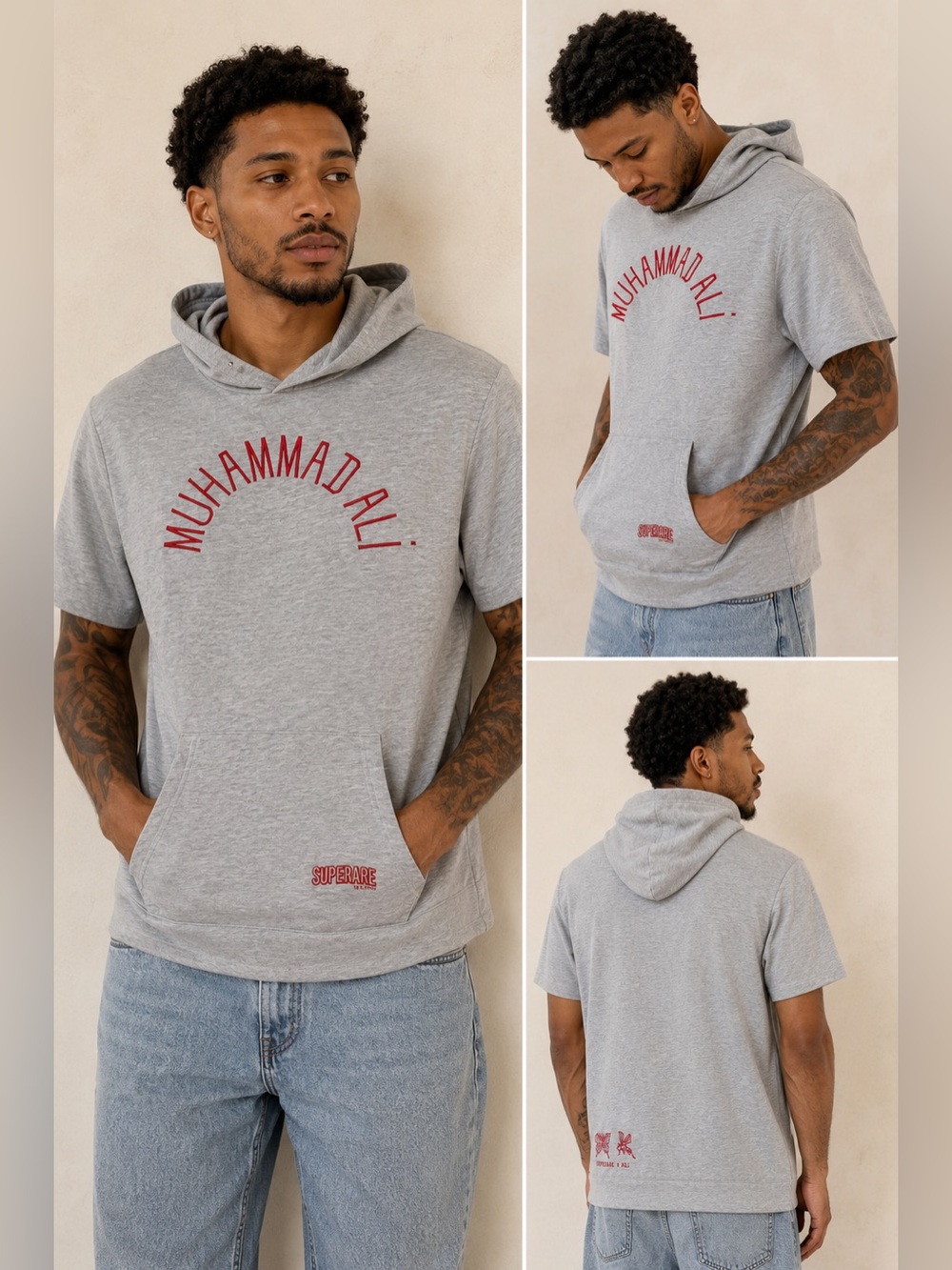 Superare x Muhammad Ali Short Sleeve Hoodie Men’s Medium Gray Embroidered Logo